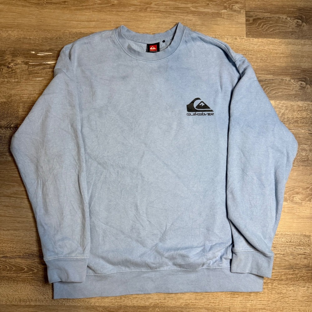 Quiksilver Mens Crewneck Sweatshirt Light Blue Logo Graphic Fleece Size L